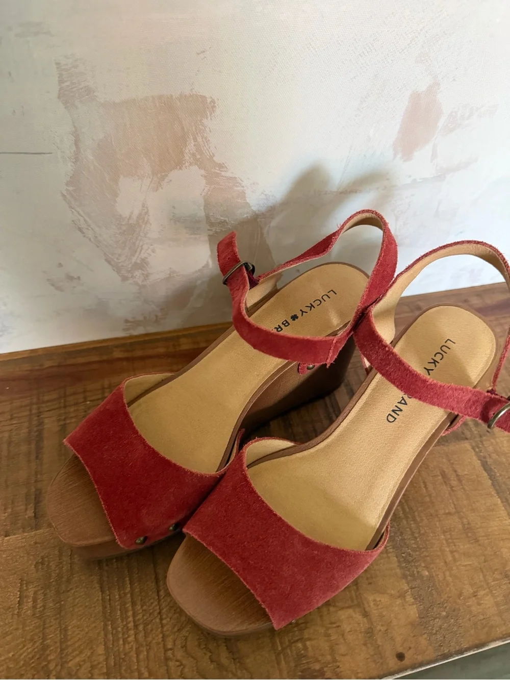 Lucky Brand Red Suede Platform Wedge Sandals Size 7M